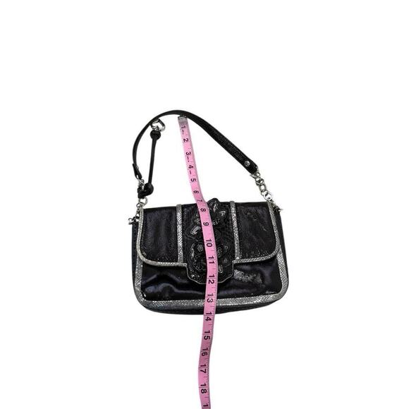 Brighton Black Silver Patent Leather 3D Flower Mini Shoulder Bag - Picture 7 of 8